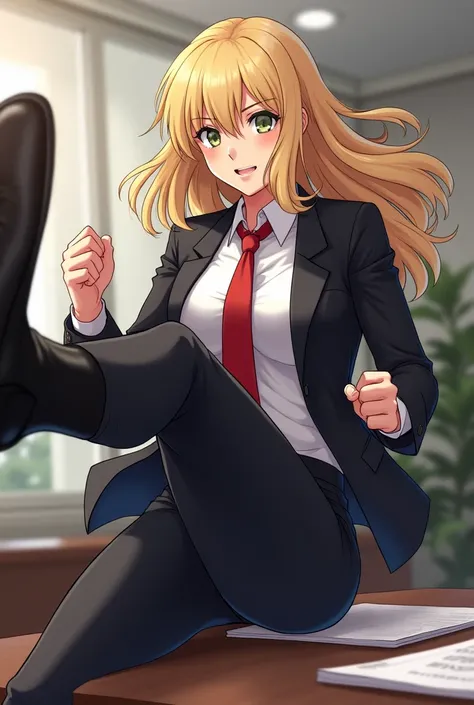 Imagine a sexy blonde female legal technician who wears a white shirt, red tie, black formal suit, kicking a low-ranking secretary with her black booties in the face who flies out in anime style.!!!