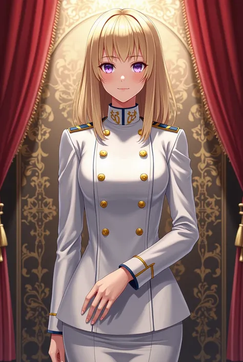 Blonde hair,  medium length hair ,  White military uniform, Girl charm ,  tall girl , Purple eyes, manga,  Rich Background , 