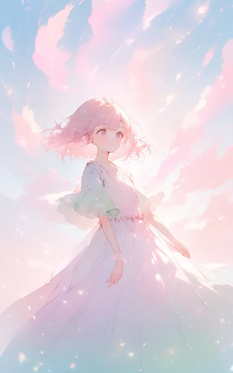 光るパステル風車の丘
A pastel girl standing on a hill dotted with glowing windmills. Her dress matches the soft green and pink tones of the landscape, and her hair glows faintly in the wind. The sky is a swirl of pastel clouds, and floating light particles dance aro...