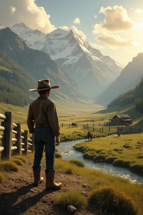  An image of a small ranch in the mountains , with racks and horses ,  traps Ford and a boy with the style of a rancher watching his ranch 