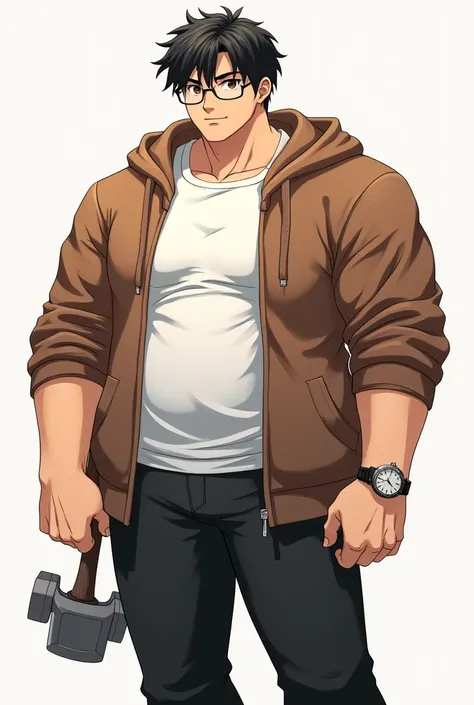 A boy,hair color black and brown mix,eye brown, brown hodie with white t shirt,black pant,with glasses,a hammer in han,skin color white and brown mix,muscular+fat body, age 21,with rolex watch, anime charecter