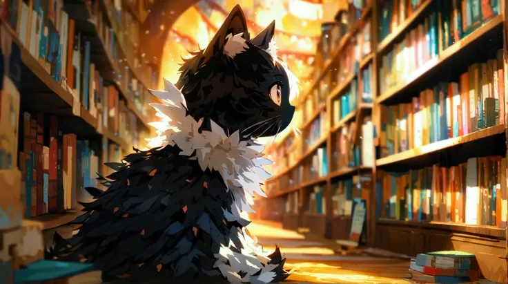 ((best quality)), ((masterpiece)), (detailed), many bookshelves, 1 black cat look at the bookshelf, back view, extreme long shot, extreme wide shot, extreme long shot, Anime Art Wallpaper, paper awesome wallpaper, 