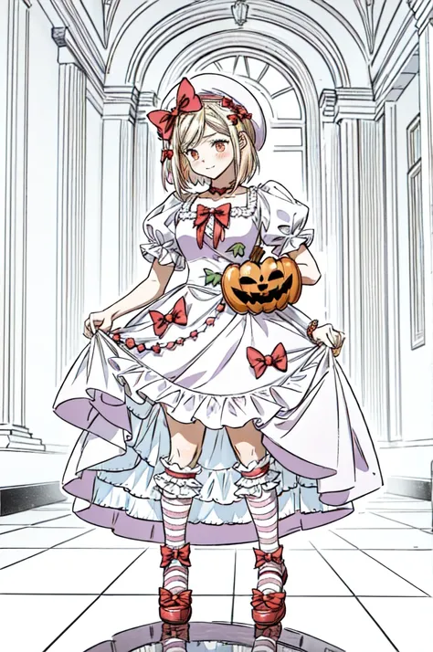 The image shows a person dressed in an elaborately detailed costume, which includes a pink dress with red bows, striped stockings and red shoes. The costume also features a pumpkin accessory attached to the waist. The person wears a hat that matches the dr...