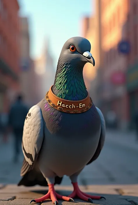 Le nom HACH-EM porté par un pigeon comme collier 