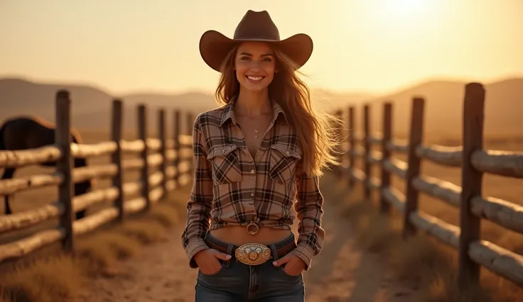 " A beautiful full-body American woman from the USA , dressed like a cowboy ,  wearing a leather cowboy hat , plaid shirt,  tight jeans and riding boots .  She is standing on a vast ranch ,  with wooden fences in the background and a horse grazing nearby ....