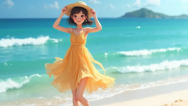 A vibrant Asian teenage girl in a summer dress, standing by a beach with the ocean in the background. Her dress flows with the wind, and she has a sun hat tilted on her head. She poses with one leg slightly forward and her hands holding the brim of the hat...