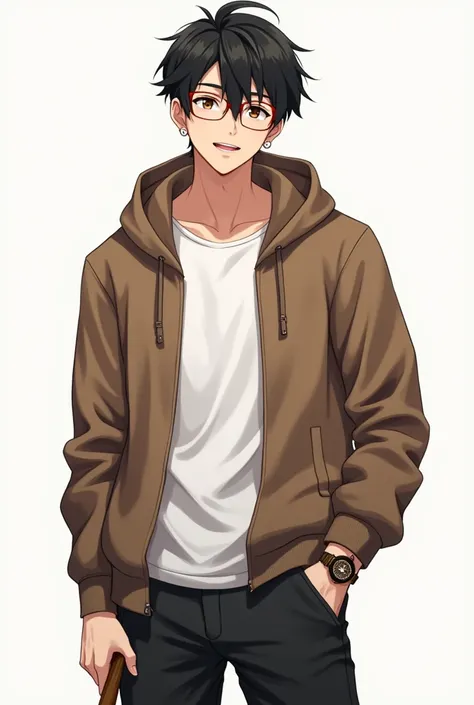 A boy,hair color black and brown mix,eye brown, brown hodie with white t shirt,black pant,with glasses,a small hammer in han,skin color white and brown mix,muscular+mesium fat body, age 21,with rolex watch, anime charecter