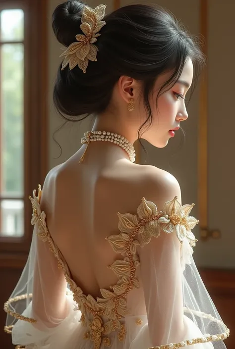  classy mature young women are wearing pink lolita clothes。Full body rear view、 Asian、The skin is relatively white、Lavish clothing、Silky transparent lace on the clothes、Gold wire trim、Jewelry decoration、 has a pearl necklace hanging over her neck。