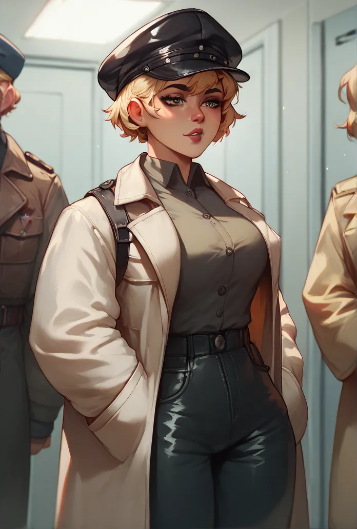 1 girl, high definition, short  hair, leather vest, shirt, military pants, trenchcoat, eight-piece cap, meeting room,