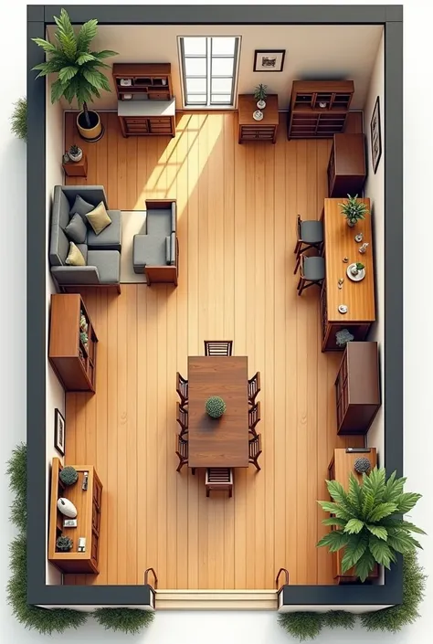 A floor plan of a furniture store with crafting station and office 