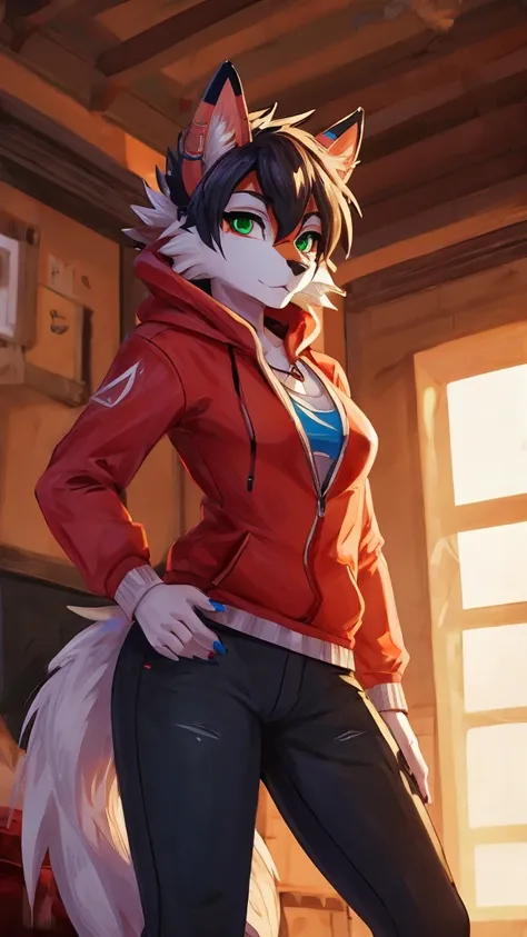 Solo, score_9,score_8_up,score_7_up, source_furry, an Anthro furry Dusk Lycanroc female, green eyes, wearing a hoodie in white color, black jeans, standing, looking at you, in bedroom