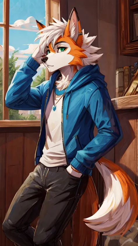 Solo, score_9,score_8_up,score_7_up, source_furry, an Anthro furry Dusk Lycanroc female, green eyes, wearing a hoodie in white color, black jeans, standing, looking at you, in bedroom