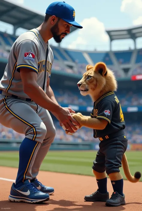 Create the hyper realistic image of an athletic baseball player in a gray uniform with yellow borders and electric blue, the shirt that says Magallanes, the blue cap with the letter M giving him soup, still a poor lion cub in a black uniform with yellow ed...