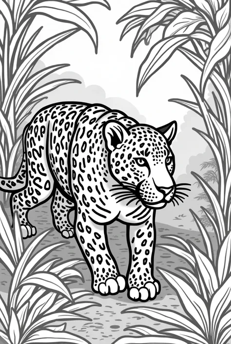 "A leopard crouching and alert, its body partially hidden in the dense jungle undergrowth. The leopard has well-defined spots on its fur, and its gaze is intense as it looks around. The vegetation around it is represented by large leaves, vines, and some b...