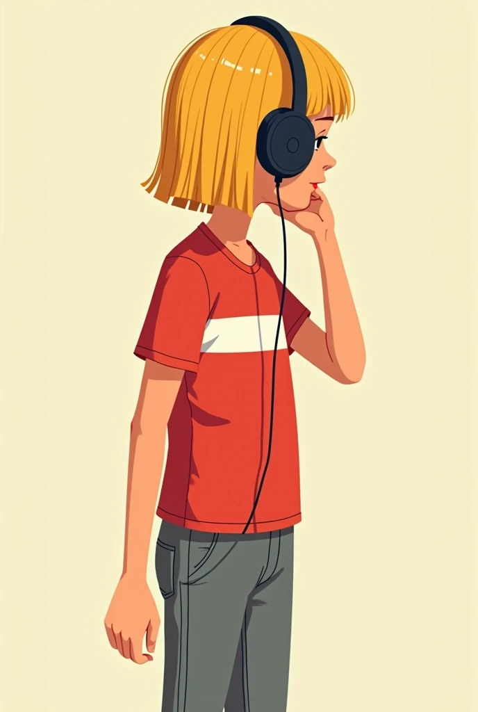 Tall teenager with straight blond hair wearing grey pants and a red shirt with a white stripe, listening to music, cartoon illustration, rens book illustration , cartoon style illustration ,  digital illustration,  flat illustration , big view