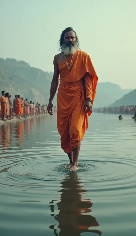 The yogi demonstrates his ability to walk on water. He is shown stepping on the surface of the Ganges River as if walking on dry land, with ripples forming around his feet. A small crowd or Swami Ram Tirth watches him from the riverbank.