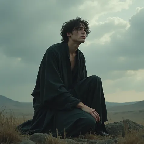 Very young man dying of sadness looking at the sky on his knees wearing a black tunic look 