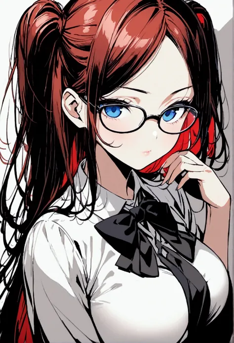 Glasses、 Bright Red Hair 、 blue eyes、two side up、Hair between the eyebrows、blunt bangs、  straight hair 、 Short Bang 、 white shirt、 white shirt、 black bow tie 、Big Breasts、  Super Fine Illustration ,((( beautiful thin hair ))),((( beautiful face))),((( beau...