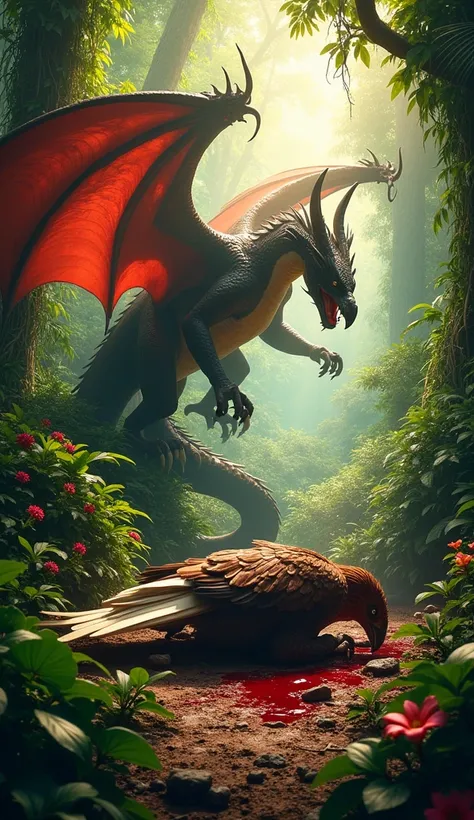 **"In the heart of a dense tropical forest, with dense vines and towering trees, a mighty dragon with many horns and red wings, defeated a mighty bald eagle. The eagle lay on the ground, its body wounded, blood flowing all over the ground.

Sunlight filter...