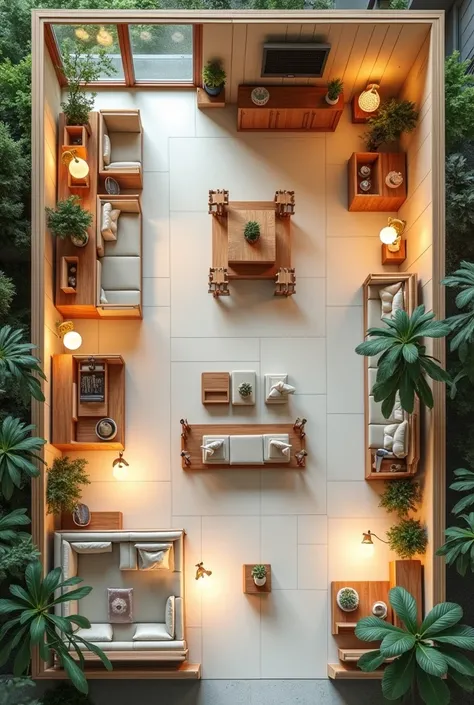 A floor plan of a furniture store with full of bamboo lights