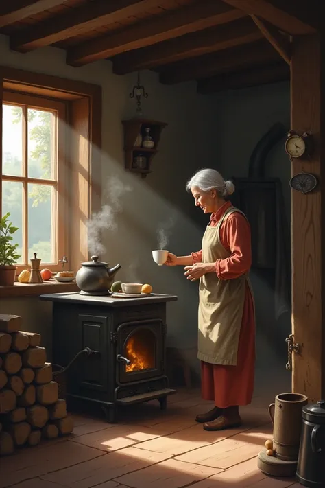  An atmosphere of nostalgia . A wood stove ,  a simple mature lady from the countryside making coffee,  creating a beautiful atmosphere of nostalgia and nostalgia  