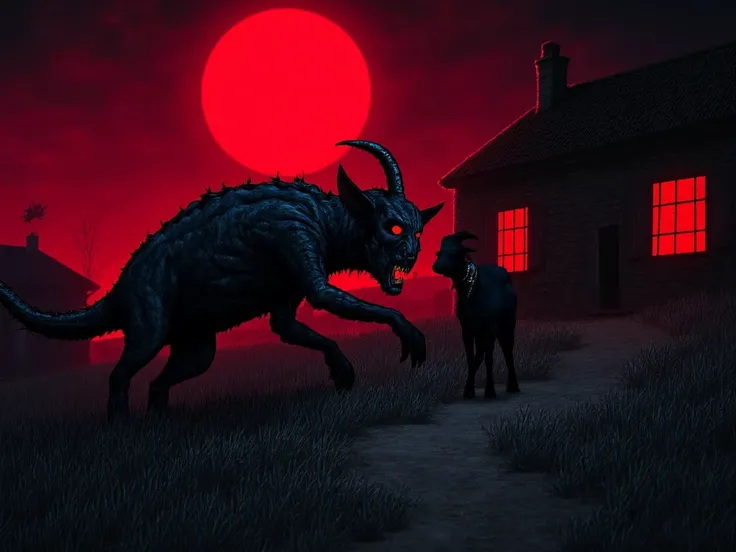 A terrifying, alien-like Chupacabras creature, with sharp, glowing red eyes and bat-like wings. It’s crouched near a dark farmhouse, its long claws extending towards a terrified goat. The creature has scaly skin and is partially cloaked in shadows, with bl...