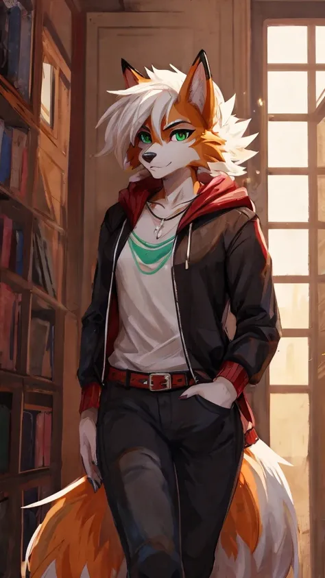 Solo, score_9,score_8_up,score_7_up, source_furry, an Anthro furry Dusk Lycanroc female, green eyes, wearing a hoodie in white color, black jeans, standing, looking at you, in bedroom