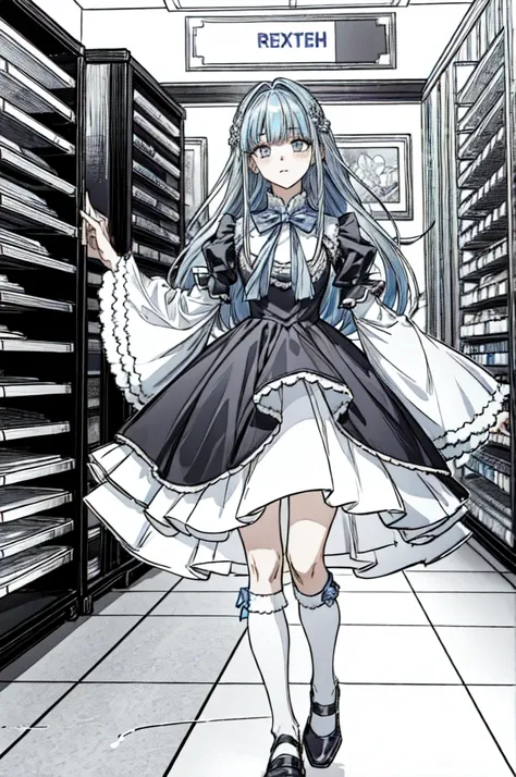 The image shows a person dressed in an elaborately detailed costume, which includes a black and white dress with blue bowtie, knee socks and black shoes. The costume also features a cat-tail accessory attached to the lower back. The person has long blue ha...