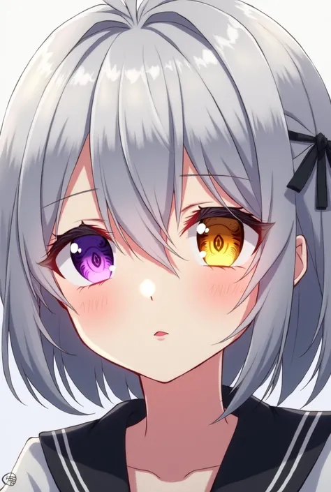 1 ,  silver hair,  short hair, Ahoge,  Heterochromia, purple eyes,  yellow eyes ,  hair ribbon , killed, anime, 