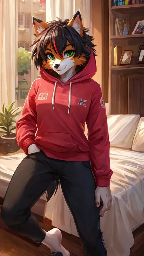 Solo, score_9,score_8_up,score_7_up, source_furry, an Anthro furry Dusk Lycanroc female, green eyes, wearing a hoodie in white color, black jeans, standing, looking at you, in bedroom