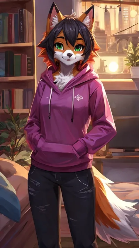 Solo, score_9,score_8_up,score_7_up, source_furry, an Anthro furry Dusk Lycanroc female, green eyes, wearing a hoodie in white color, black jeans, standing, looking at you, in bedroom