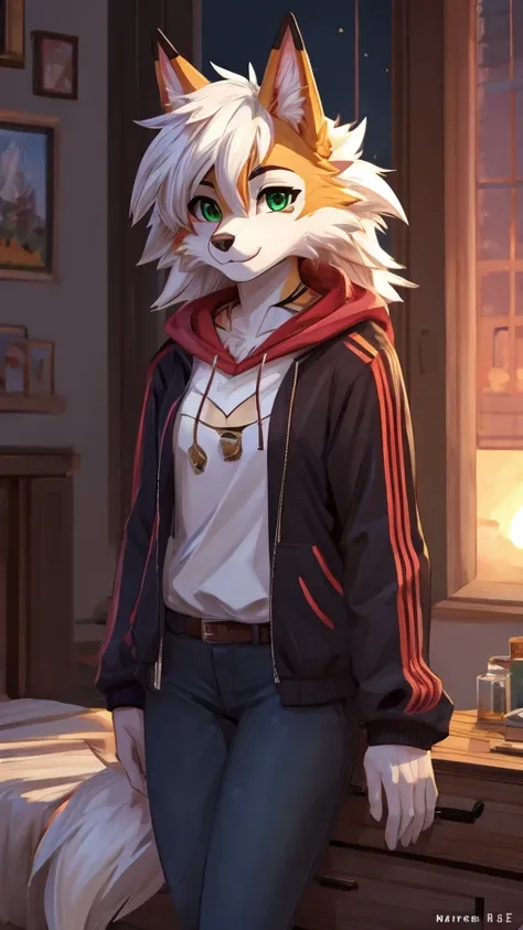 Solo, score_9,score_8_up,score_7_up, source_furry, an Anthro furry Dusk Lycanroc female, green eyes, wearing a hoodie in white color, black jeans, standing, looking at you, in bedroom