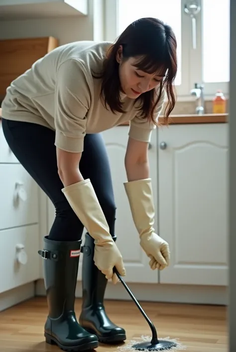 A Japanese woman in her 40s, wearing long, tight cream-colored surgical latex gloves and shiny black Hunter rain boots that reached her knees. Facing forward, bent over, she was cleaning the kitchen,rain boots,legging.