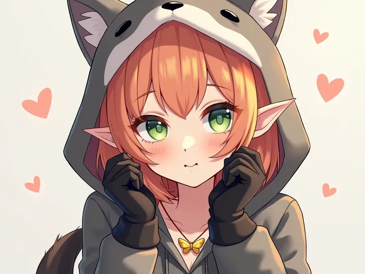  create a 2D image of a V-tuber ,  anime, elf ears,  with medium hair that reaches up to the shoulder, very light orange hair color , Classic fringe, white pele,  two strands on top of the hair , light green eyes, very light freckles under the nose , Hoode...