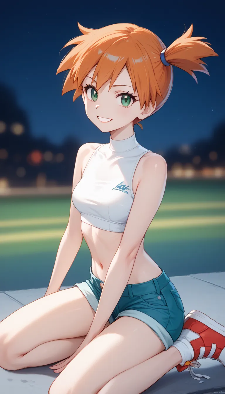 misty_pokemon , berry short,orange hair, one side up hair ,big green eyes,small breasts ,skinny .pokemon. white sleeveless crop ...