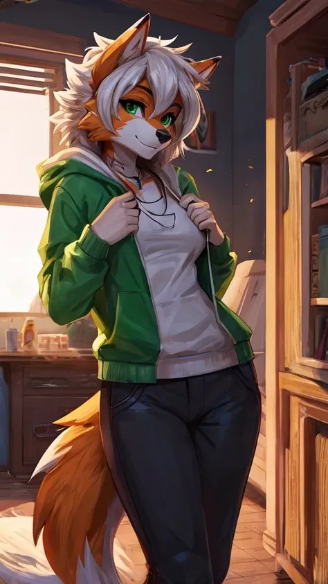 Solo, score_9,score_8_up,score_7_up, source_furry, an Anthro furry Dusk Lycanroc female, green eyes, wearing a hoodie in white color, black jeans, standing, looking at you, in bedroom