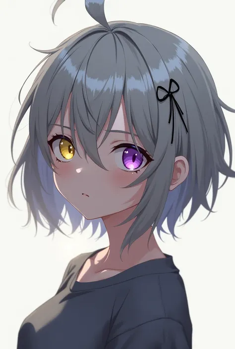 1 ,  silver hair,  short hair, Ahoge,  Heterochromia, purple eyes,  yellow eyes ,  hair ribbon , killed, anime, 