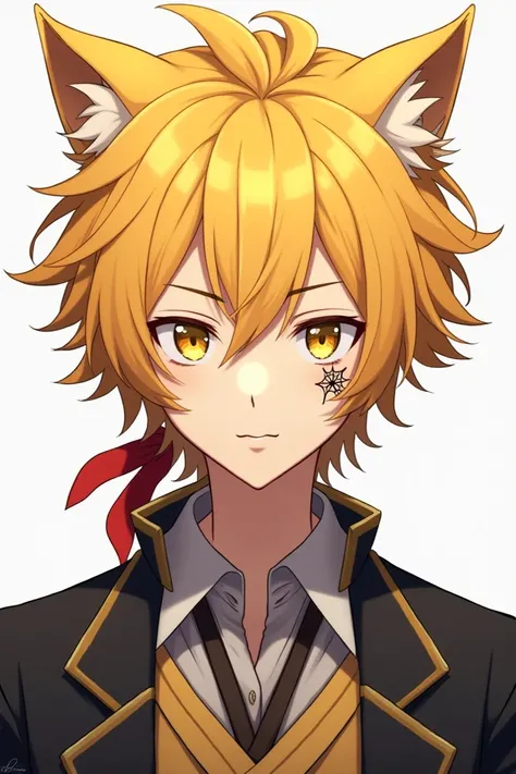 (Anime boy)
Appearance:Werewolf cut hair,Golden yellow color hair,White eyes and yellow star iris shape,black cobweb tattoo under right eye,wears a musician style outfit,Wears a red ribbon behind the hair.