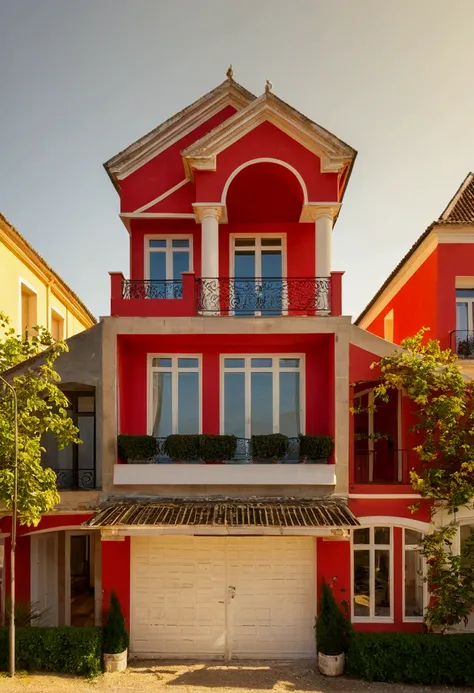 PLATEFORME KTHOUSE, Beaucoup de belles fleurs rouges le long de la route:1.3, romantique, 1 maison de style néoclassique, La maison de ville est faite de murs blancs, belle lumière, journée de beauté, ensoleillé, Beaucoup de bougainvilliers rouges le long ...