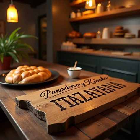 Logo with the name Panaderia and Kiosko Itzayana in Spanish engraved on a carob table and on one side some meat Milanese, realistic full HD image 