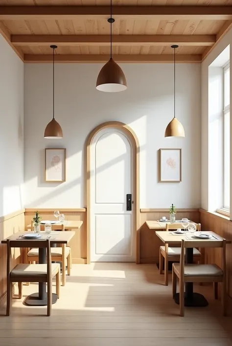  partition in a wood-style restaurant, White with 4 tables arranged on each side, centered around a . 