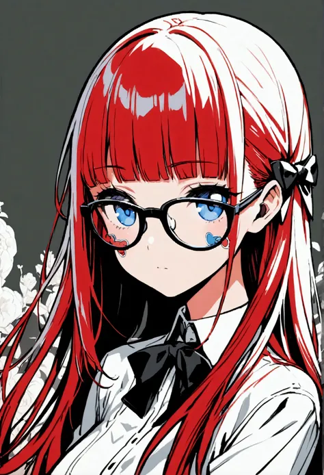 Glasses、 Bright Red Hair 、 blue eyes、two side up、Hair between the eyebrows、blunt bangs、  straight hair 、 Short Bang 、 white shirt、 white shirt、 black bow tie 、Big Breasts、  Super Fine Illustration ,((( beautiful thin hair ))),((( beautiful face))),((( beau...