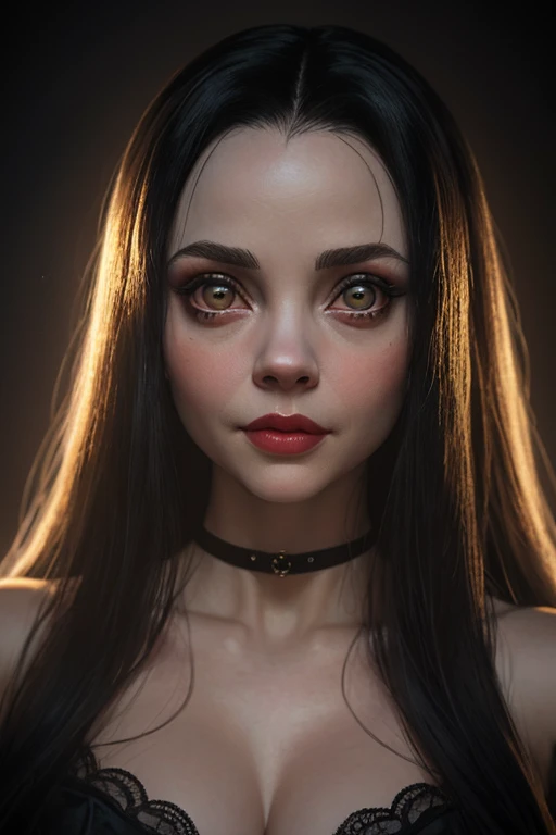 (photorealism:1.2), (photorealism:1.2), Christina Ricci as Morticia Addams, big eyes and a cute face by Mandy Jurgens and Hou China, trending on Artstation, golden, DeviantArt, portrait, maximalist, fantasy, volumetric lighting digital illustration, r/art,...