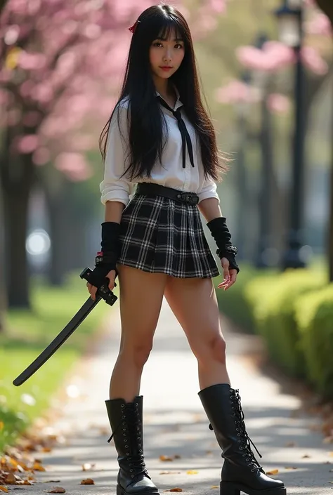 A young sexy Asian woman ninja warrior with long black hair wearing a private school lace shirt and plaid micro mini skirt long legs and short boots holding a katakana standing in a defensive crouch stance at a bustling city park with blooming flowers in t...