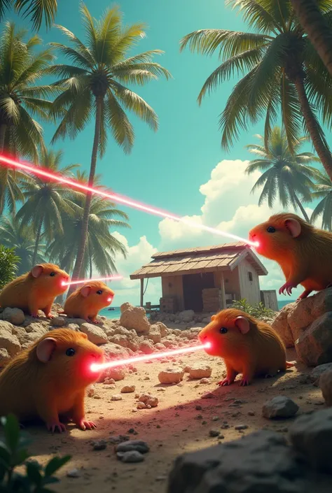 Radioactive guinea pigs shooting lasers through their eyes at a makeshift human shelter in palms on an island 