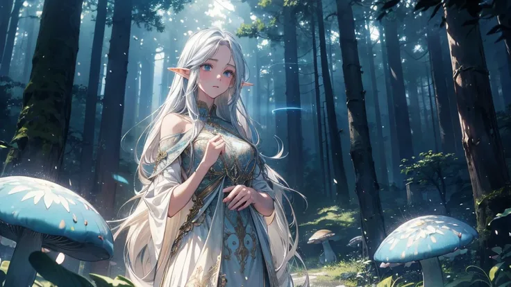 A breathtakingly beautiful elf girl standing in a lush, magical forest. Her long, silver hair glows faintly in the soft light streaming through the trees. The forest is filled with vibrant flowers, glowing mushrooms, and ancient Celtic-inspired carvings on...