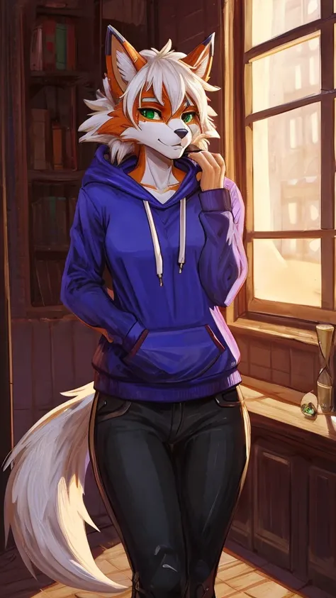 Solo, score_9,score_8_up,score_7_up, source_furry, an Anthro furry Dusk Lycanroc female, green eyes, wearing a hoodie in white color, black jeans, standing, looking at you, in bedroom