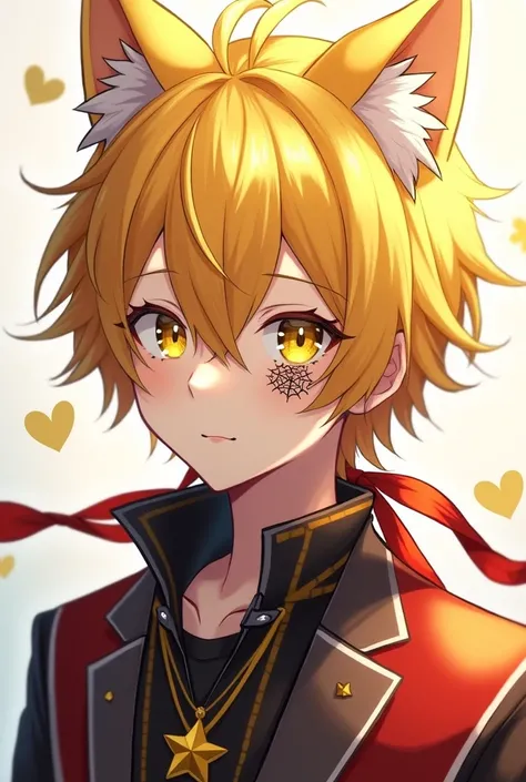 (Anime boy)
Appearance:wolf haircut style,Golden yellow color hair,White eyes and yellow star iris shape,black cobweb tattoo under right eye,wears a musician style outfit,Wears a red ribbon behind the hair.