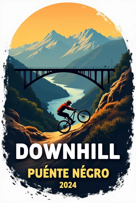  A logo for a donwill race that has a bridge , a river and a hill  ,  Between the Hill and the Stream but add a mountain bike as a descent Its great,  but give it the title Black Bridge Descent Title  :  Descent Puente Negro With the same image you created...