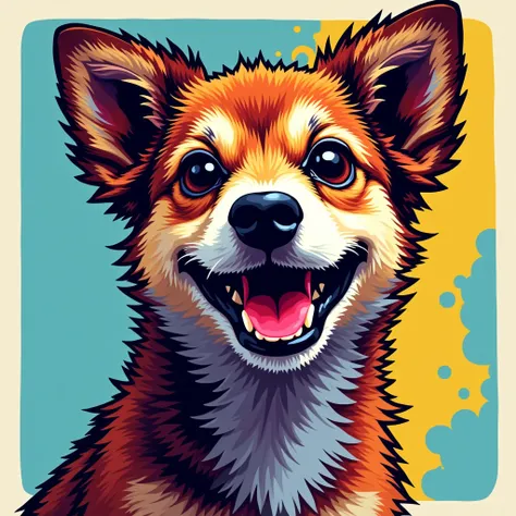 Create a high-graphic pop art style design of a cute dog, full of vibrant colors and energetic elements. Focus on bold, eye-catching details like expressive eyes, playful features, and a happy smile. The design should have smooth, clean lines, ensuring it ...